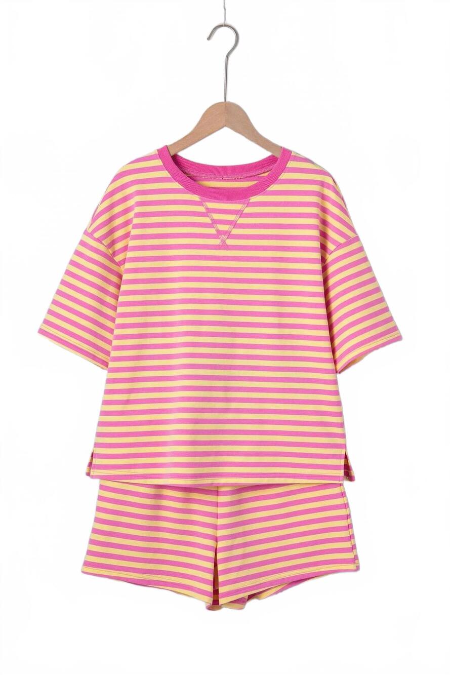 NEW SHEWIN women's stripe contrast trim boxy terry short set in bright pink